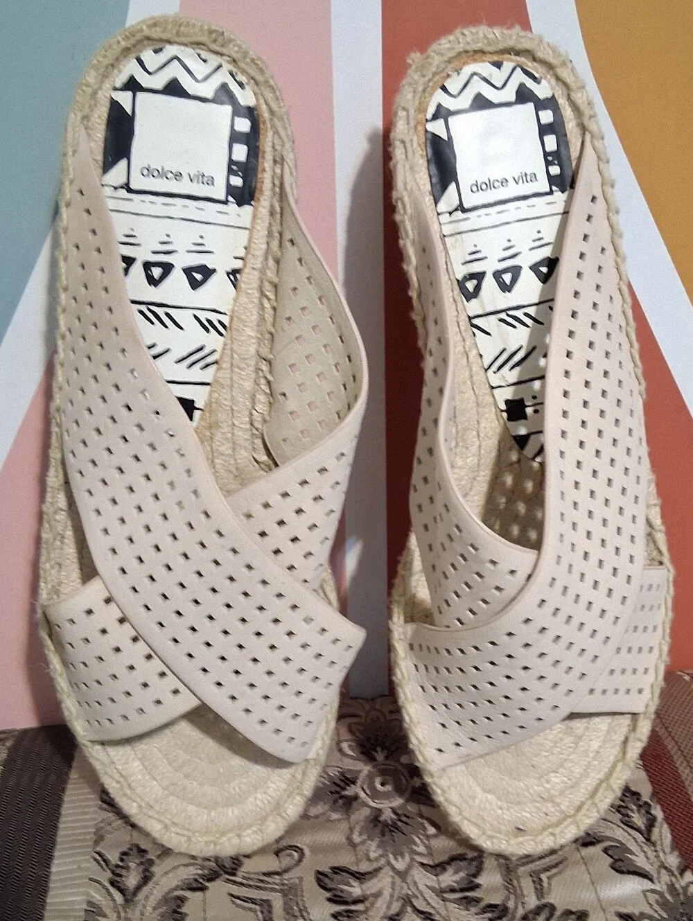 Dolce‎ Vita Cream Perforated Crossband Espadrille Sandals Leather 8.5 Platform